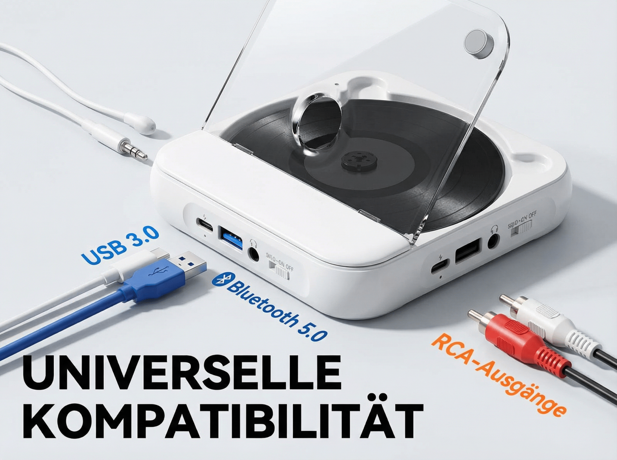 Weißer Plattenspieler mit Vinyl, USB, Bluetooth und Cinch-Anschlüssen.