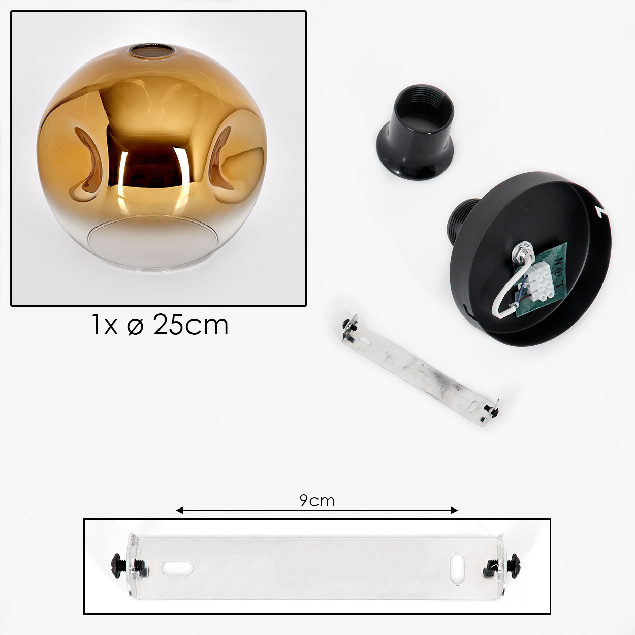 Goldener Glaslampenschirm, schwarze Lampenfassung, Halterung und Sockel.
