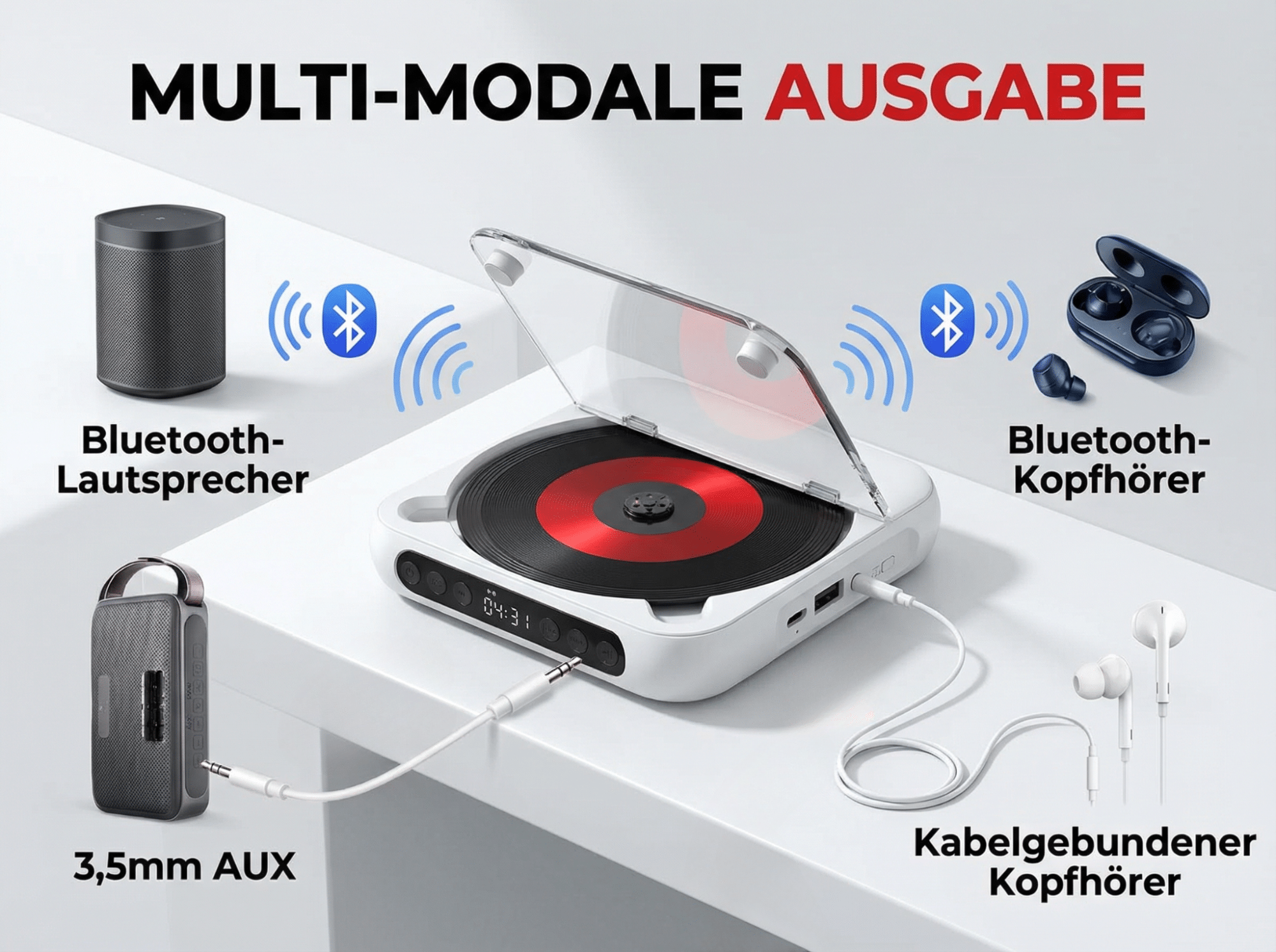 Ein Plattenspieler mit Bluetooth-Lautsprecher, Kopfhörern und AUX-Kabel.