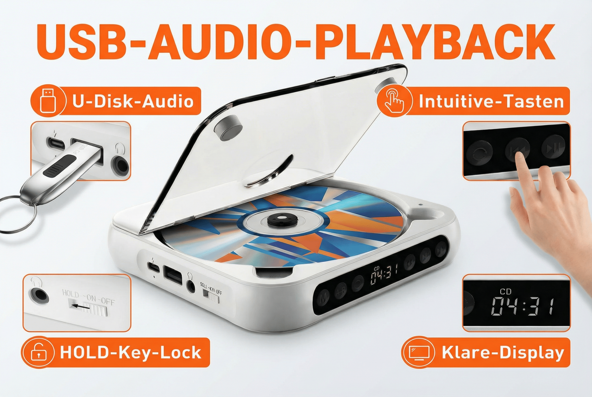 Tragbarer CD-Player mit USB-Audio-Eingang, intuitiven Tasten, HOLD-Funktion und klarem Display.