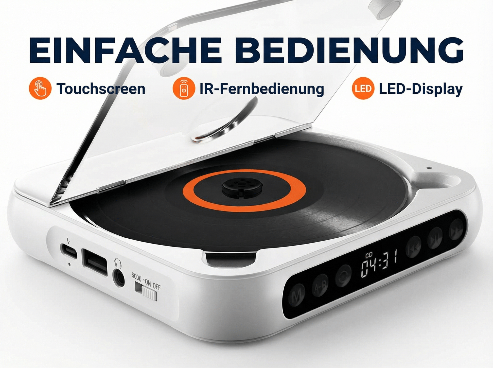 Ein weißer CD-Player mit schwarzer Disc und orangefarbenem Ring.