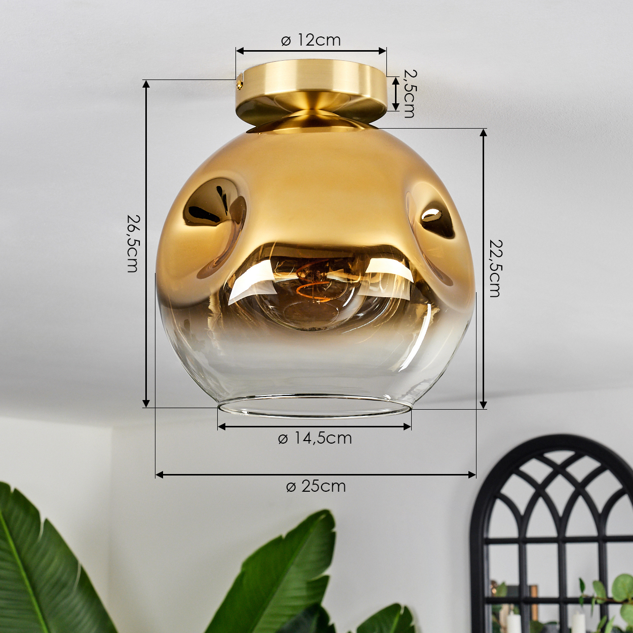 Goldene kugelförmige Lampe mit Maßen und Glühbirne.