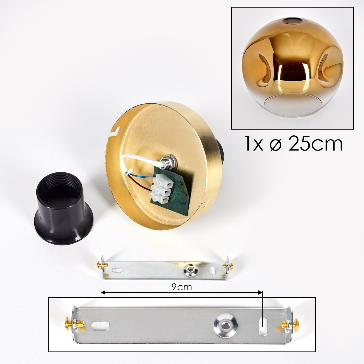 Ein goldener Lampenschirmhalter, schwarze Kappe, Metallbügel und ein 25cm goldener Lampenschirm.