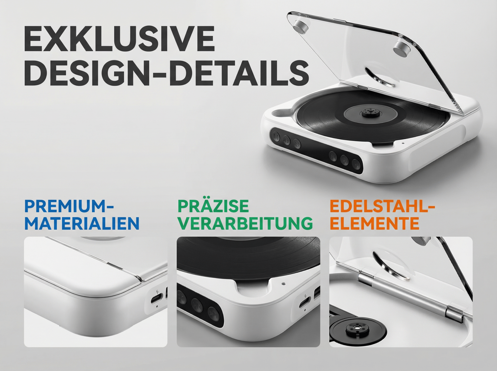Moderner Plattenspieler mit Vinyl, Klappdeckel, Tasten und USB-Anschlüssen.