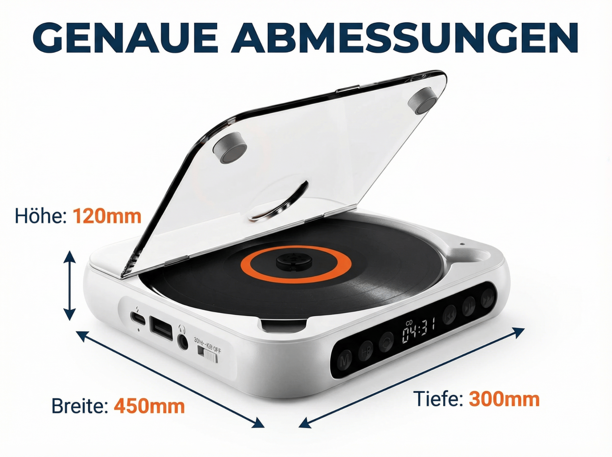 Ein weißer CD-Player mit geöffnetem Deckel und Maßen: H 120mm, B 450mm, T 300mm.