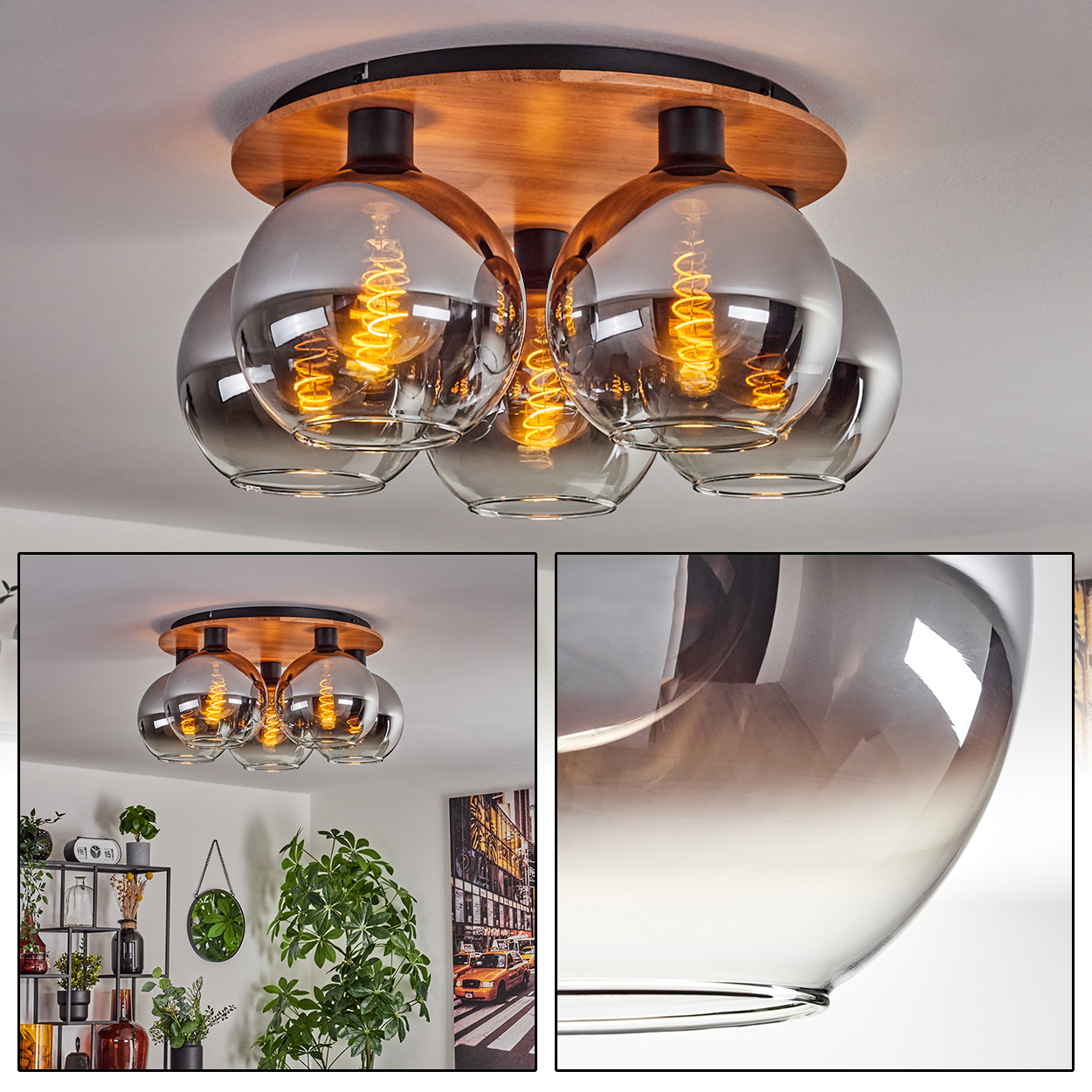 Deckenleuchte mit Holzplatte, schwarzen Fassungen und drei rauchglas Kugellampenschirmen.