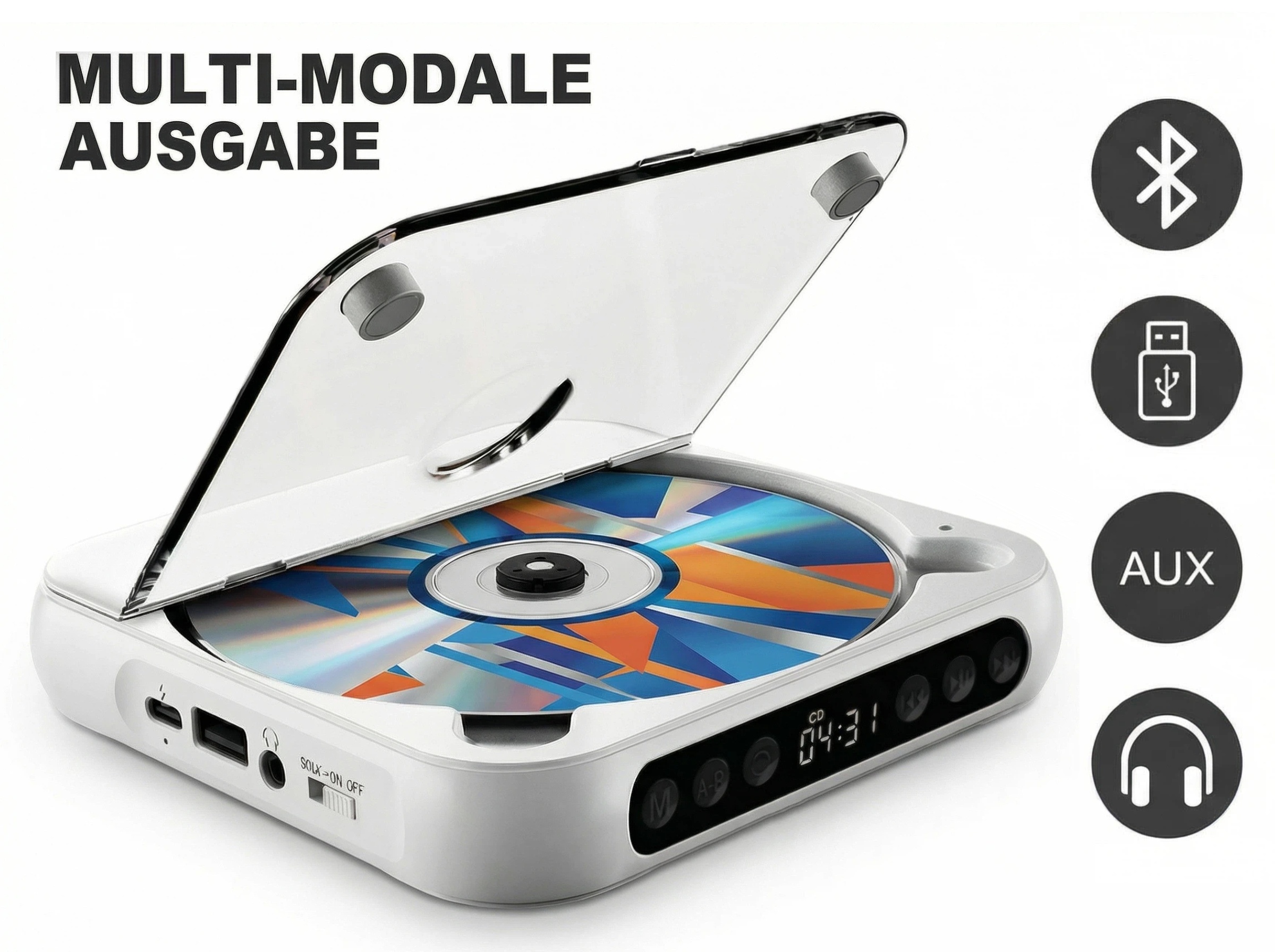 Tragbarer CD-Player mit offenem Deckel, farbiger CD und Bedienelementen.