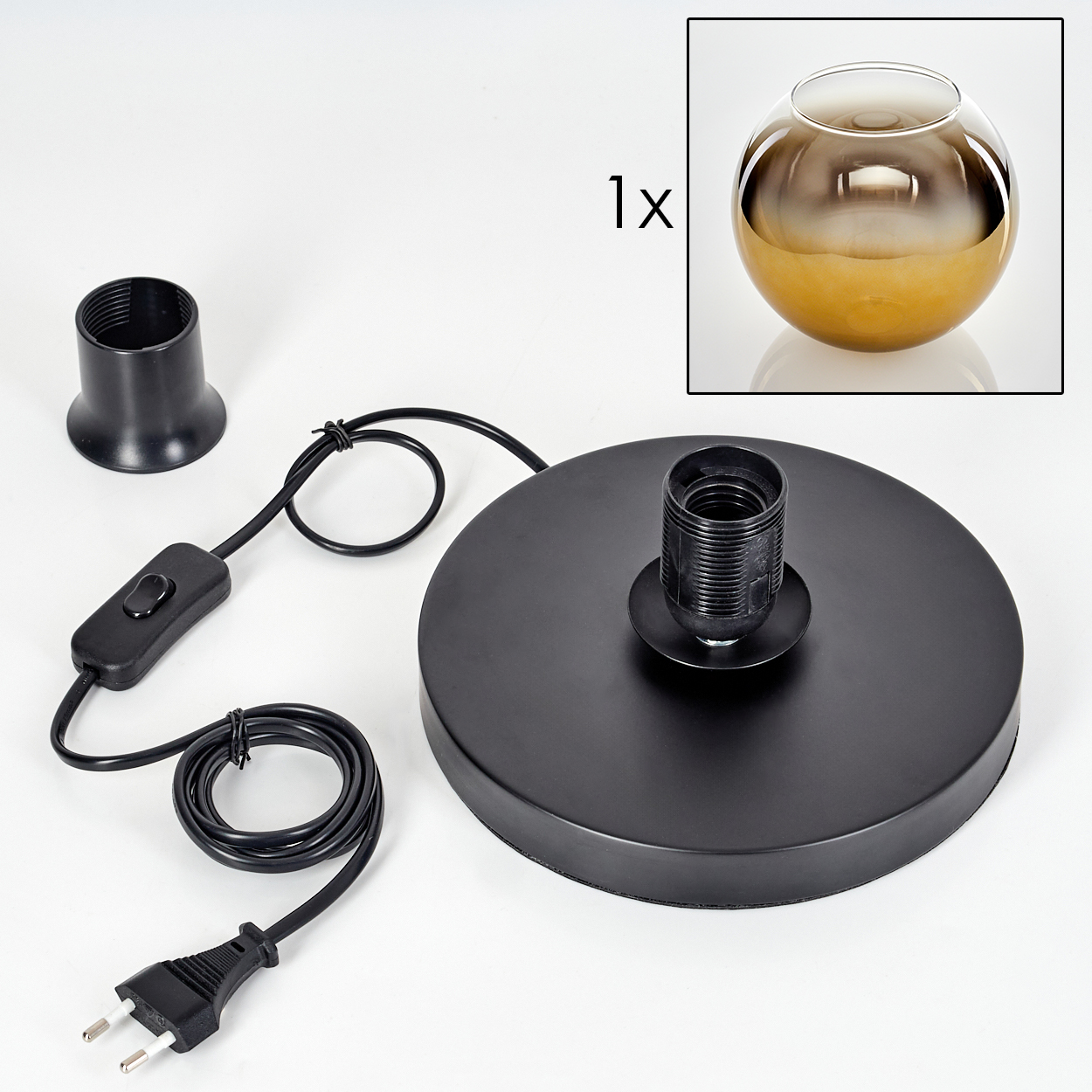Schwarzer Lampensockel mit Schalter, Kabel, Stecker und Glashalter.