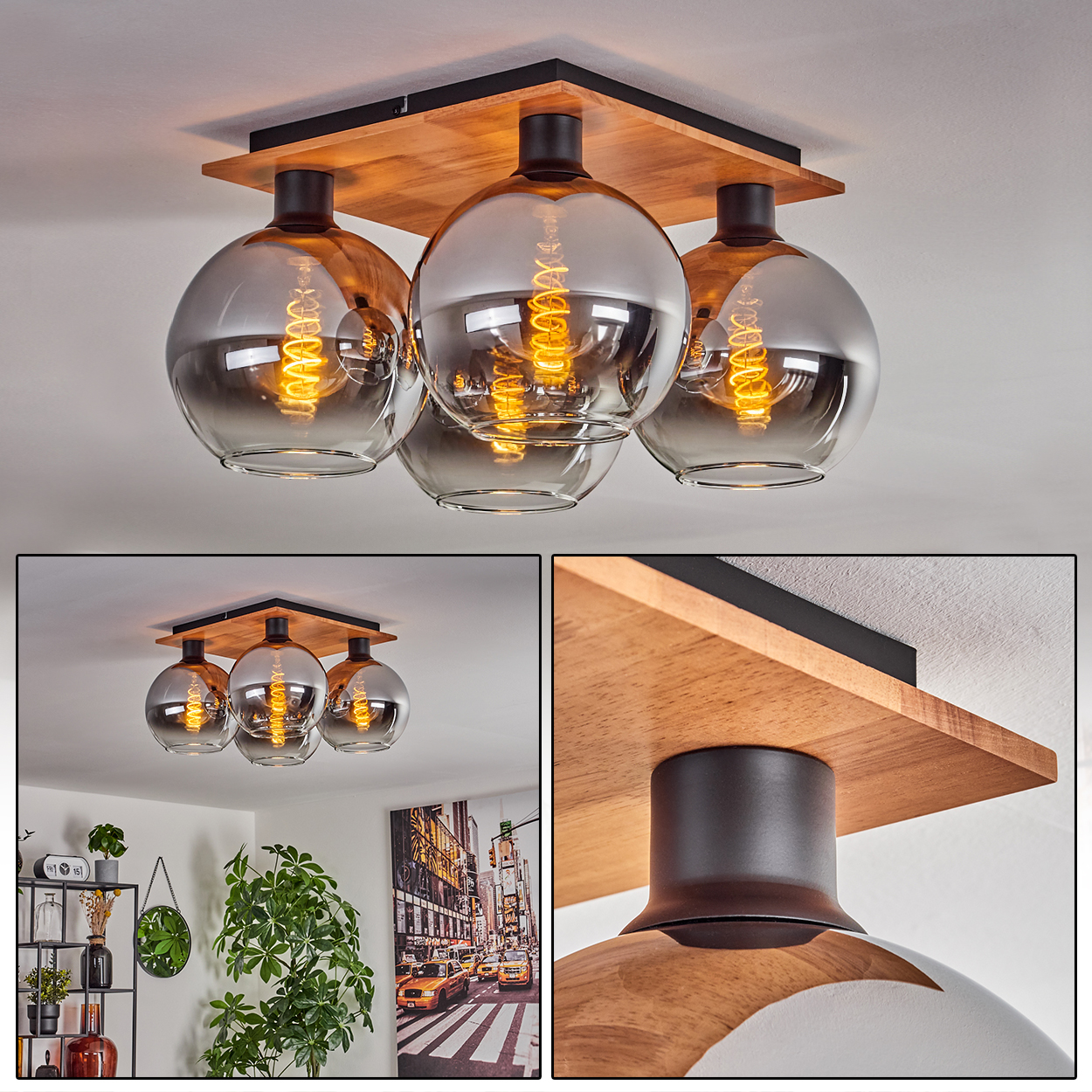 Deckenleuchte mit Holzplatte, drei Rauchglas-Kugeln und Glühbirnen.