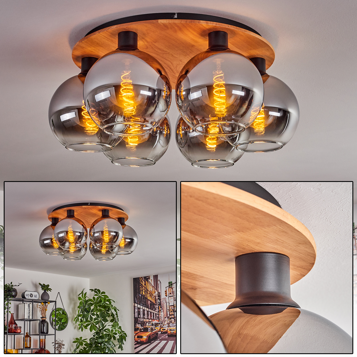 Deckenleuchte mit Holzsockel, fünf rauchglas-Kugeln und sichtbaren Glühbirnen.