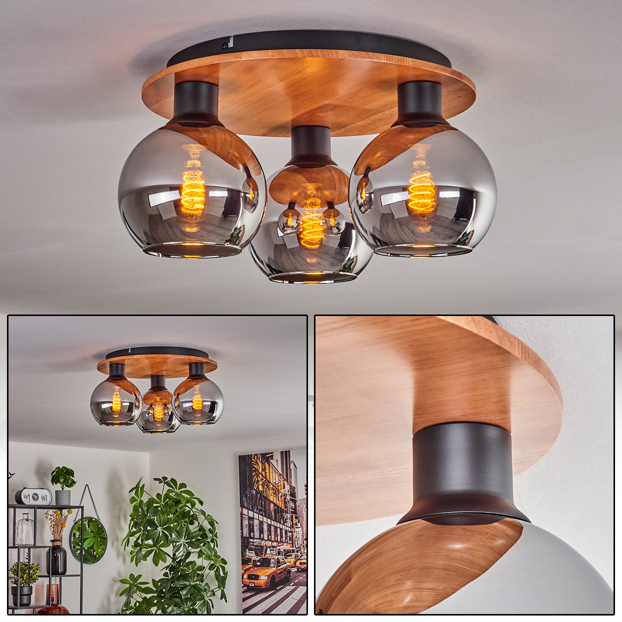 Deckenleuchte mit Holzsockel, drei Rauchglas-Kugeln und Glühbirnen.