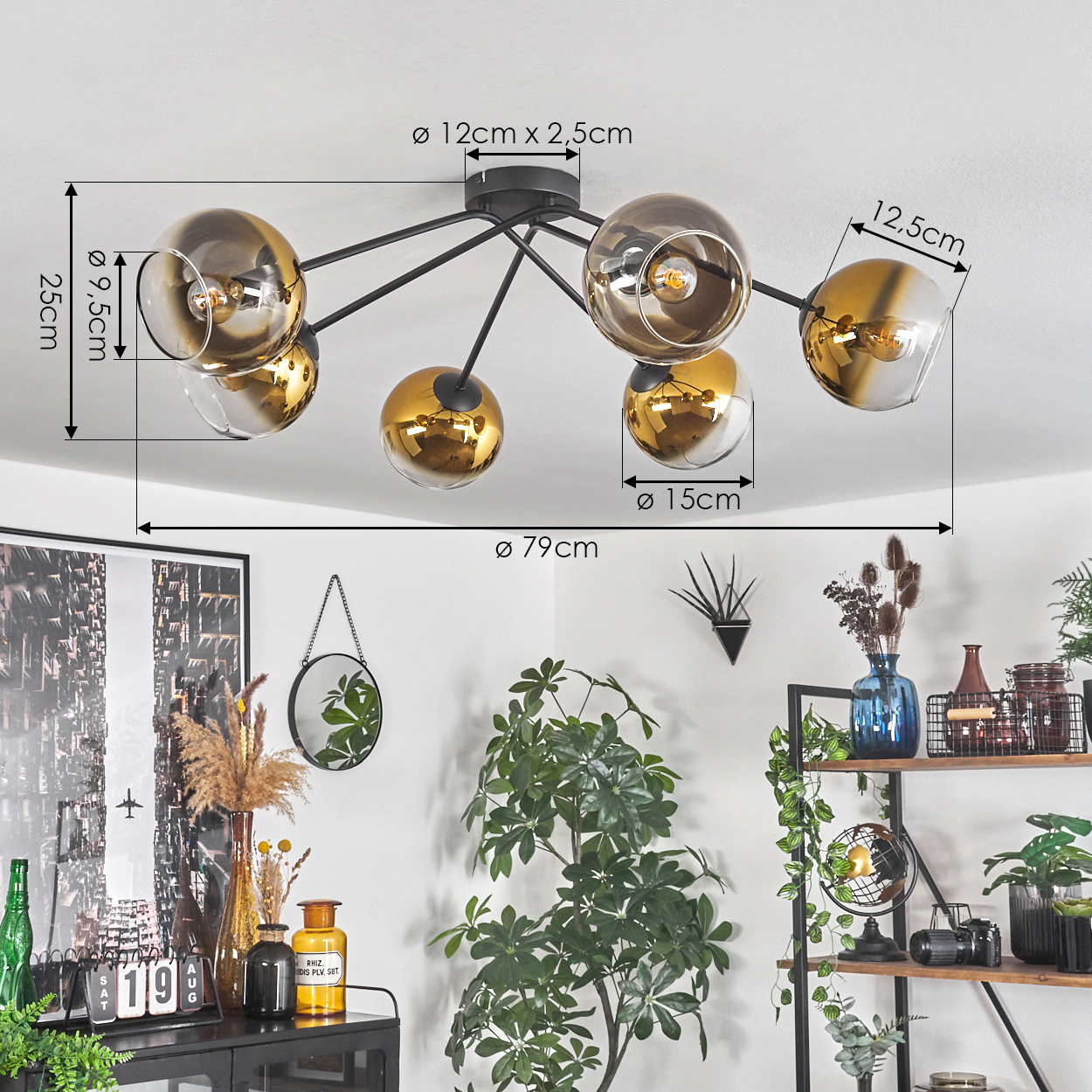 Moderne Deckenleuchte mit 6 Kugelschirmen aus Glas, schwarz/gold.
