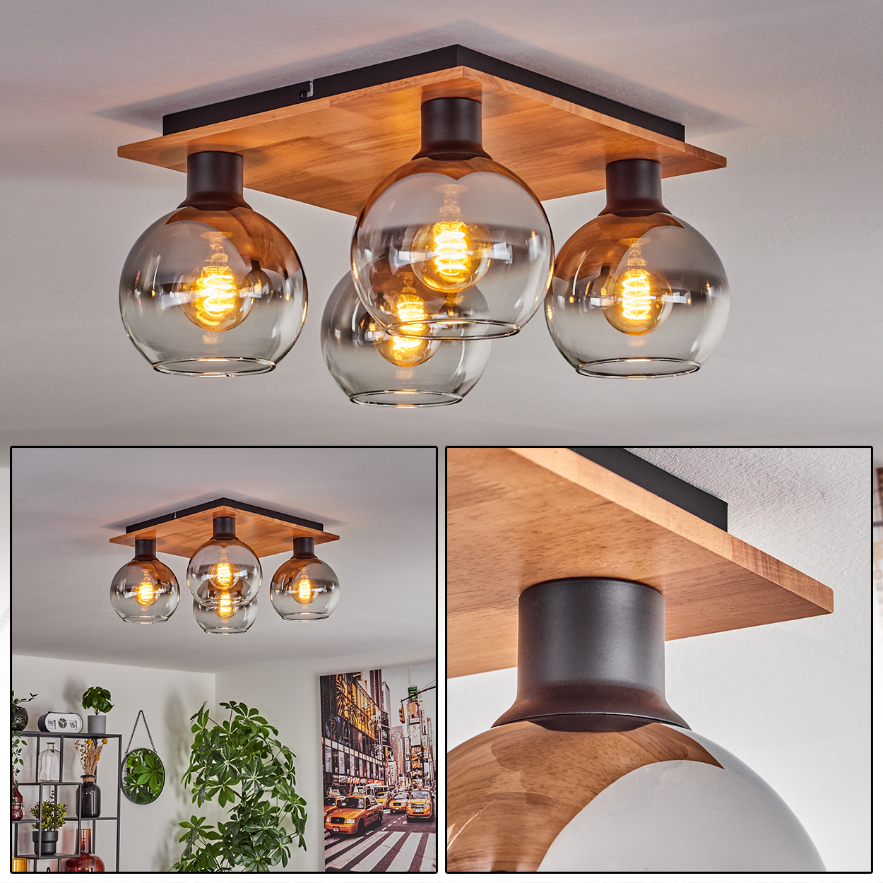 Deckenleuchte mit Holzplatte, drei Rauchglas-Kugeln und Edisonglühlampen.