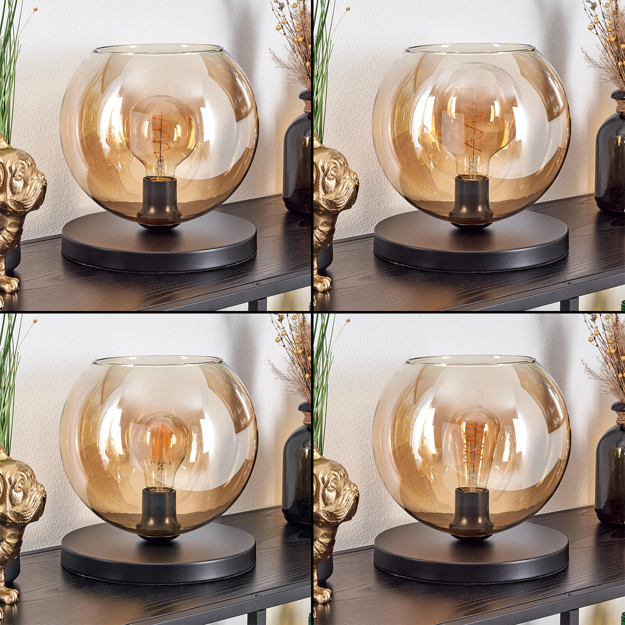 Eine kugelförmige Lampe mit bernsteinfarbenem Glas und einem sichtbaren Glühfaden.