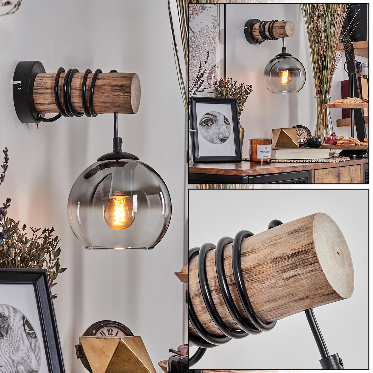 Eine Wandleuchte mit Holzstamm und Rauchglas-Schirm.