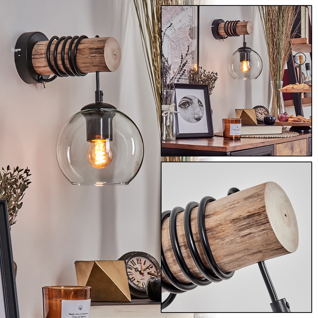 Wandleuchte mit Holzstamm, schwarzem Metall und Glaskugel-Schirm.