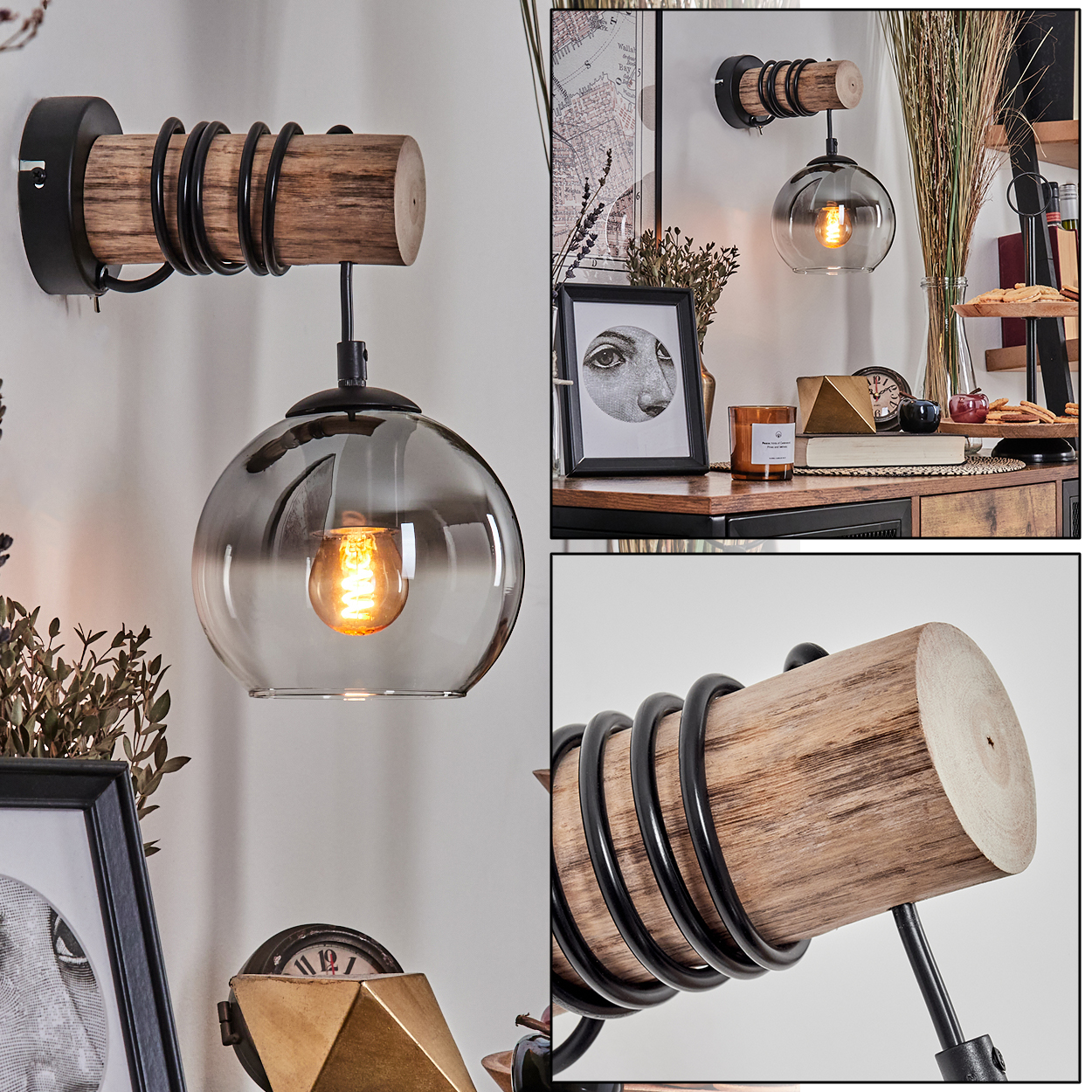 Eine Wandleuchte mit Holzstamm, schwarzer Spirale und Rauchglas-Schirm mit Glühbirne.