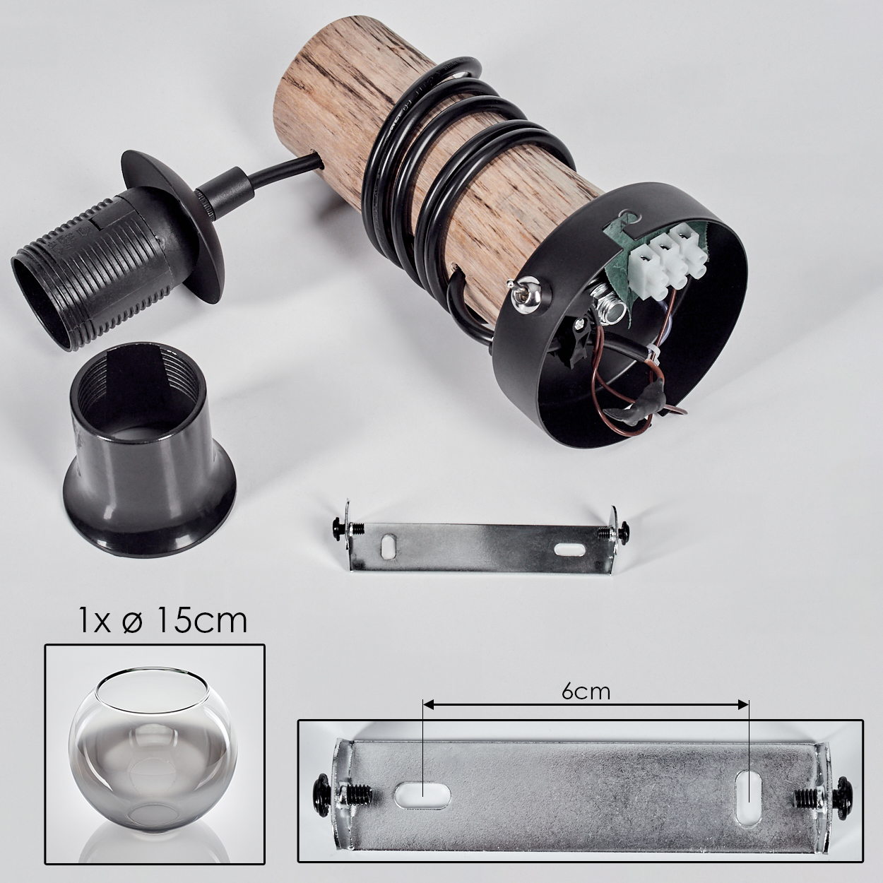 Holzsockel mit Kabel und Lampenfassung, Metallhalterung und Glaskugel.