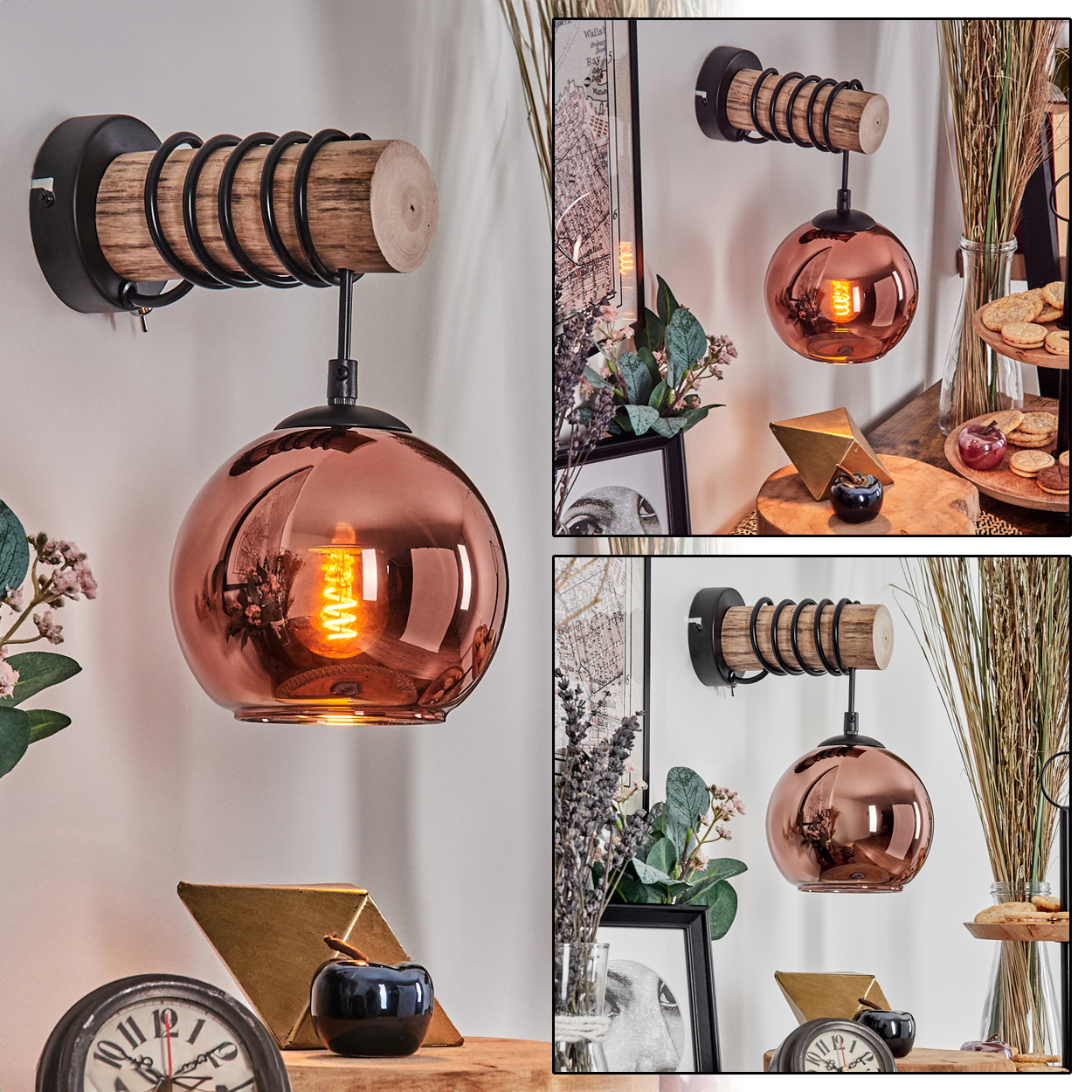Eine kupferfarbene Glaskugel-Lampe mit Holzbalken und schwarzen Metallspiralen.