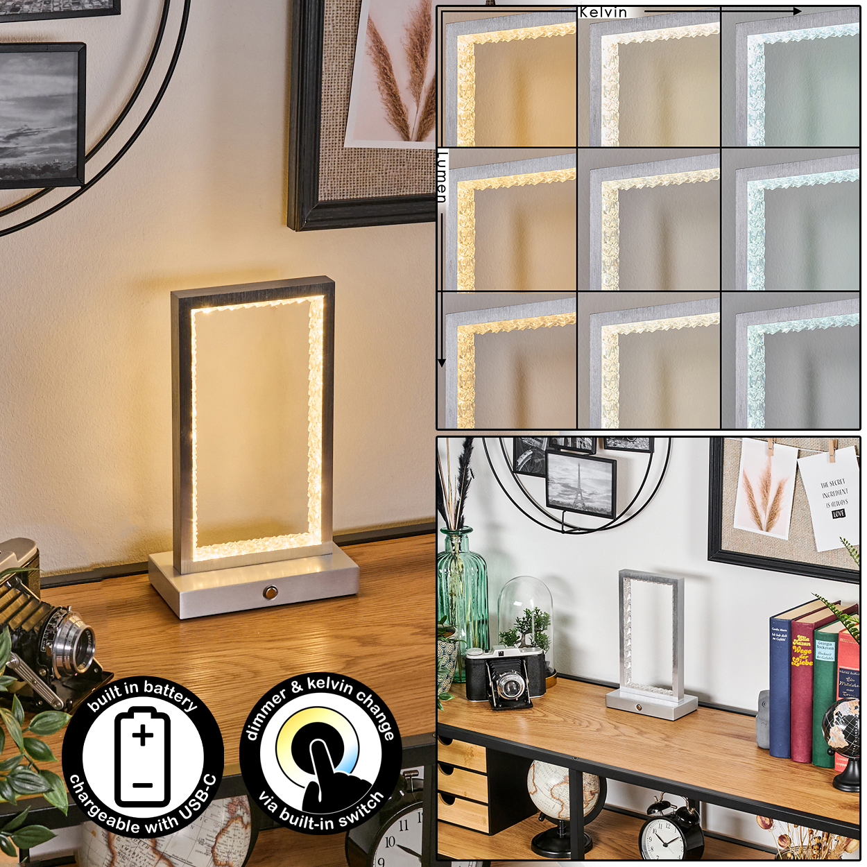 Moderne Rechteck-Tischlampe mit verstellbarer Helligkeit und Farbtemperatur.