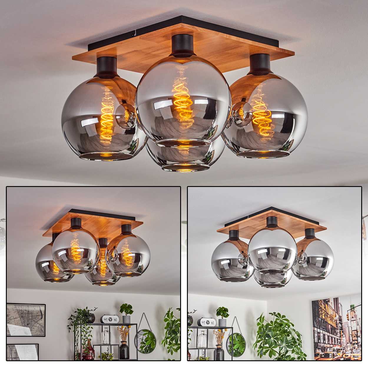 Deckenleuchte mit Holzplatte und vier Rauchglas-Kugeln mit sichtbaren Glühfäden.