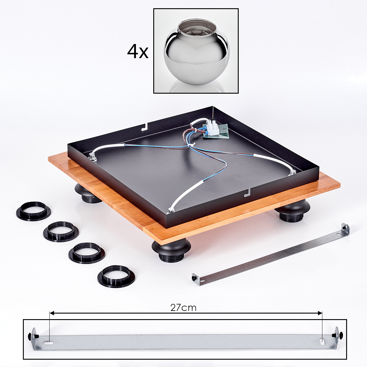Ein Plattenspieler-Chassis mit Holzsockel, vier Füßen, vier Ringen und einem Metallbügel.