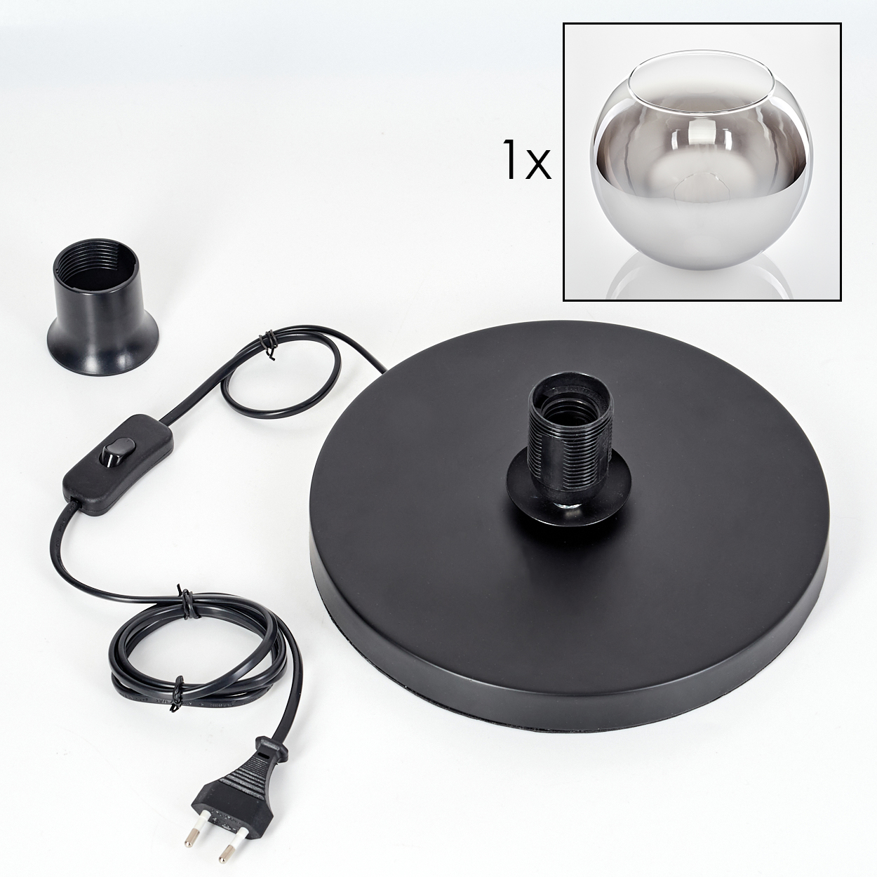 Schwarze Lampenbasis mit Schnurschalter, Stecker und Glashalter. Ein Glasbehälter ist abgebildet.