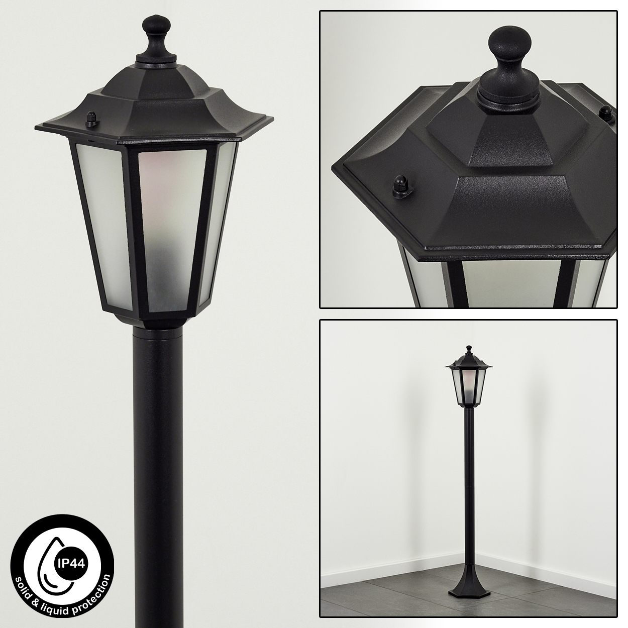 Schwarze Laterne mit sechseckigem Dach und mattem Glas. IP44-Schutz.