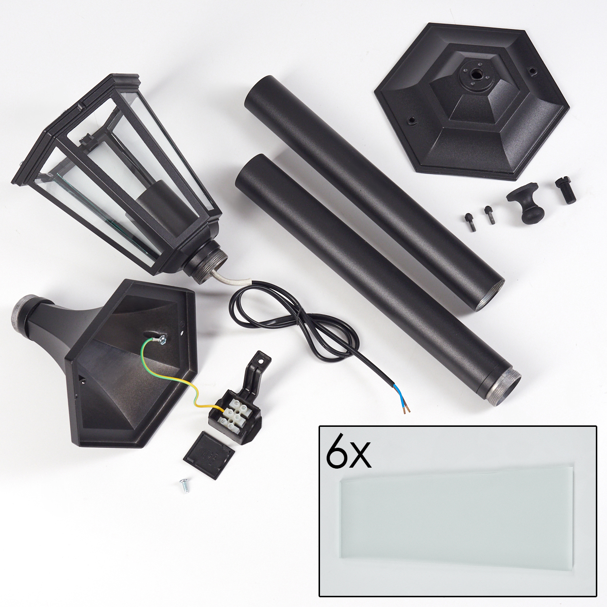Schwarze Laternen-Teile, Stangen, Montageplatte und 6x Glas.