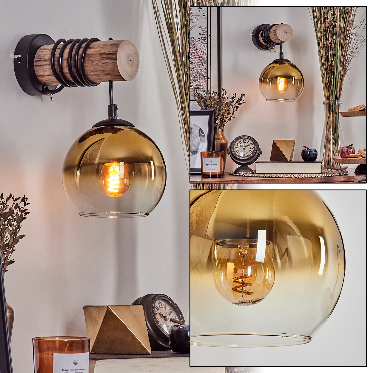 Eine Wandleuchte mit einem Holzbalken und einem bernsteinfarbenen Glaskolben.