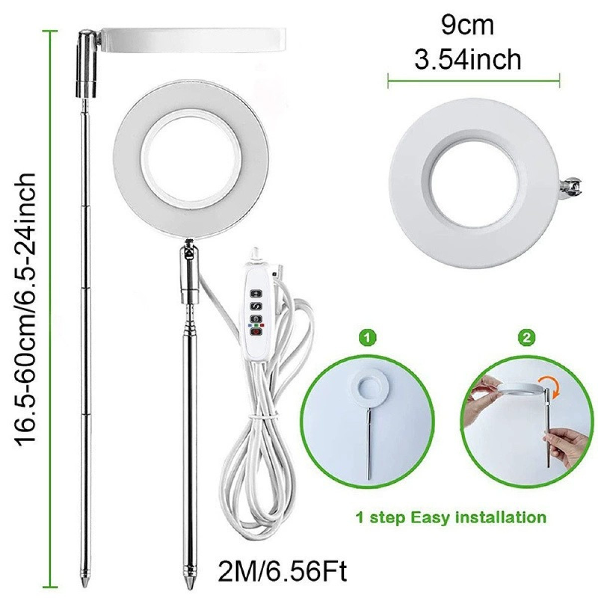 Białe światło pierścieniowe z regulowanym stojakiem i kablem, podano wymiary.