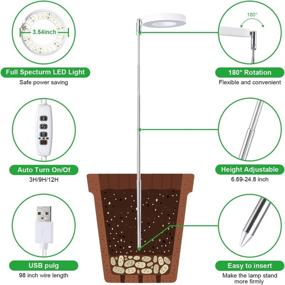 Lampa do roślin z regulowanym stojakiem, wtyczką USB, timerem i obrotem 180°.