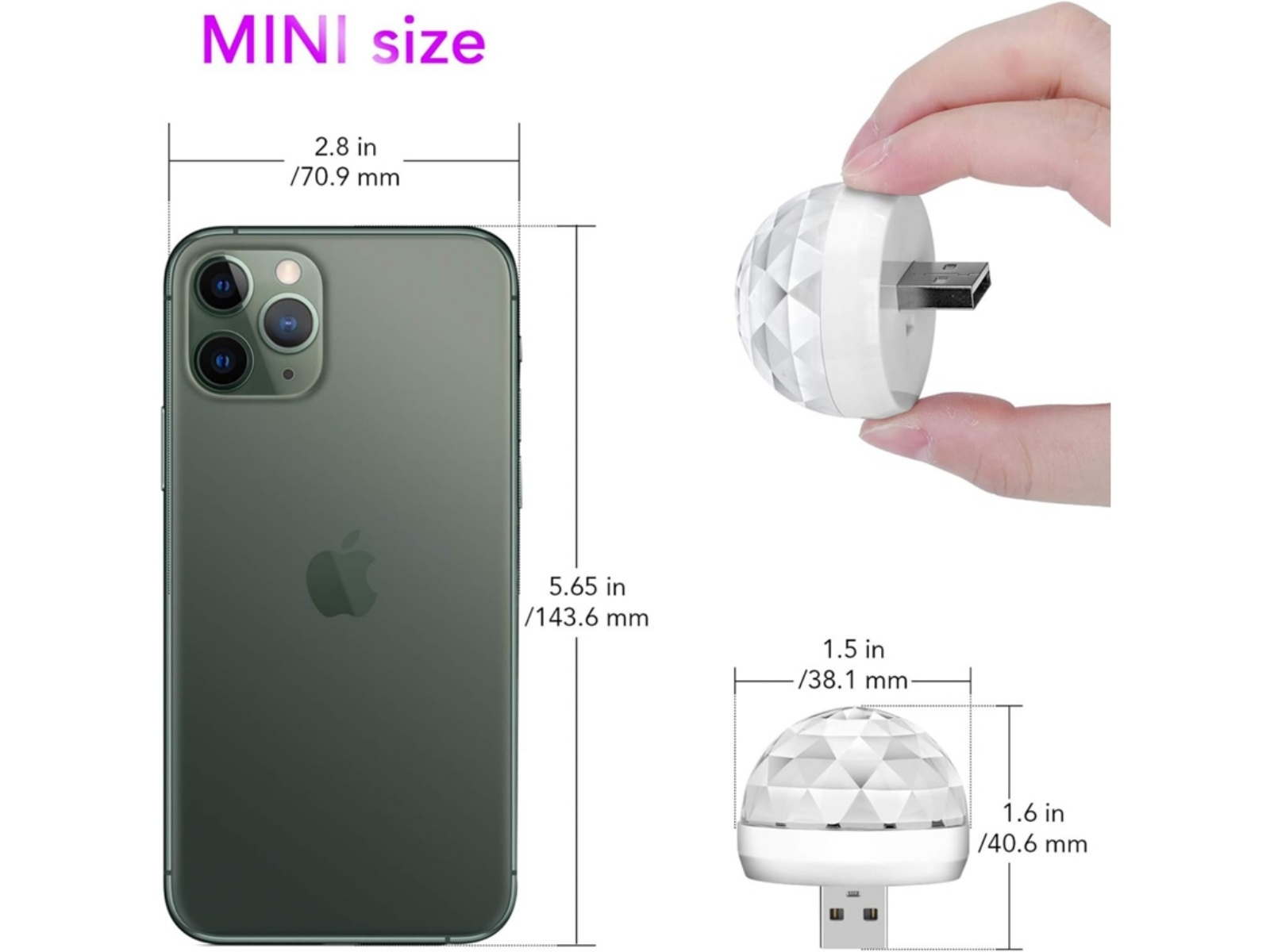 Größenvergleich: iPhone und kleiner USB-Disco-Ball. Maße angegeben.