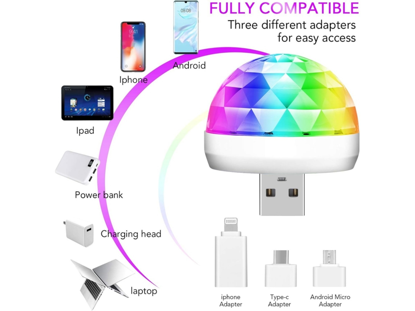 Bunte Discokugel mit USB-Stecker und verschiedenen Adaptern für iPhone, Android, iPad.