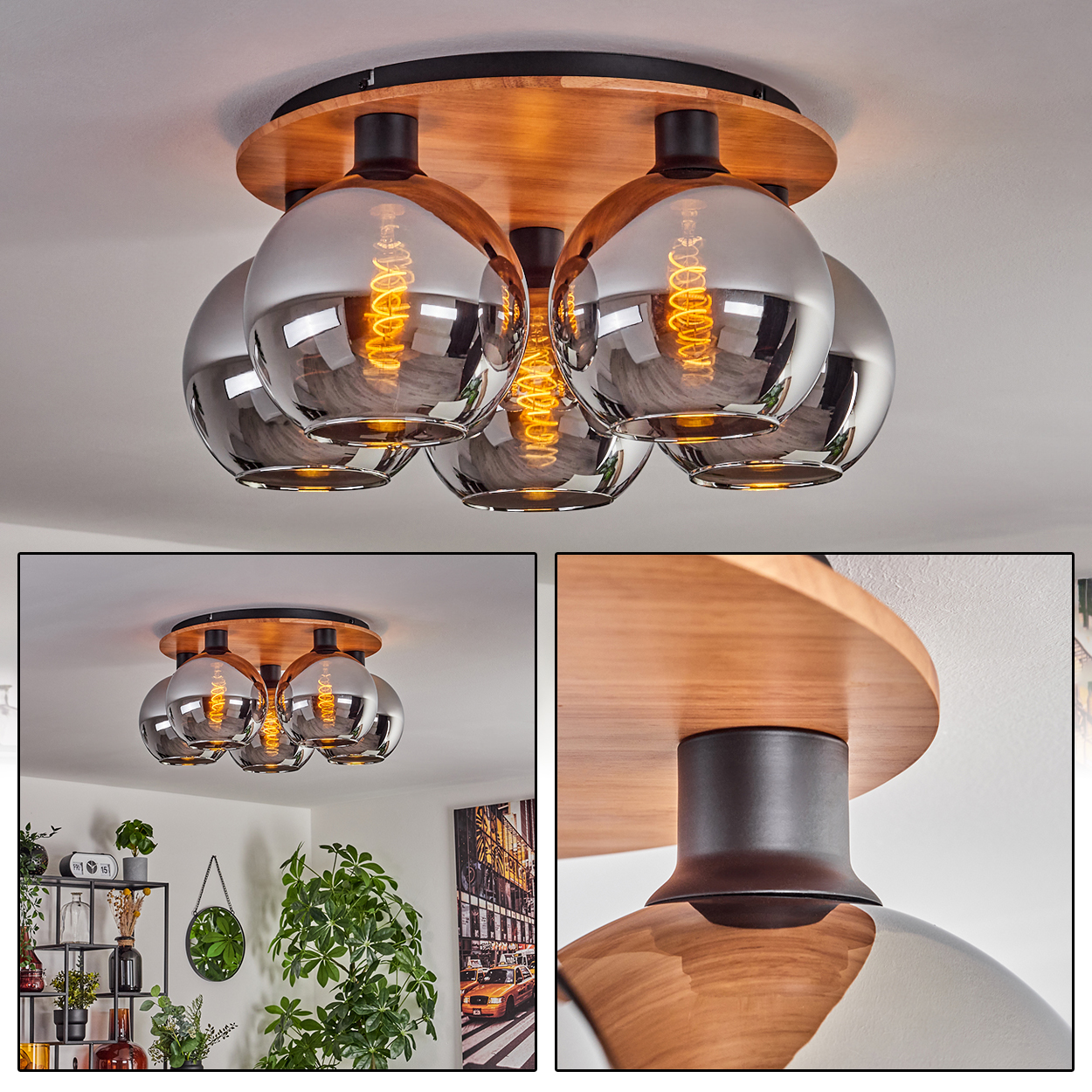 Deckenleuchte mit Holzplatte und fünf rauchglas Kugeln mit Glühbirnen.