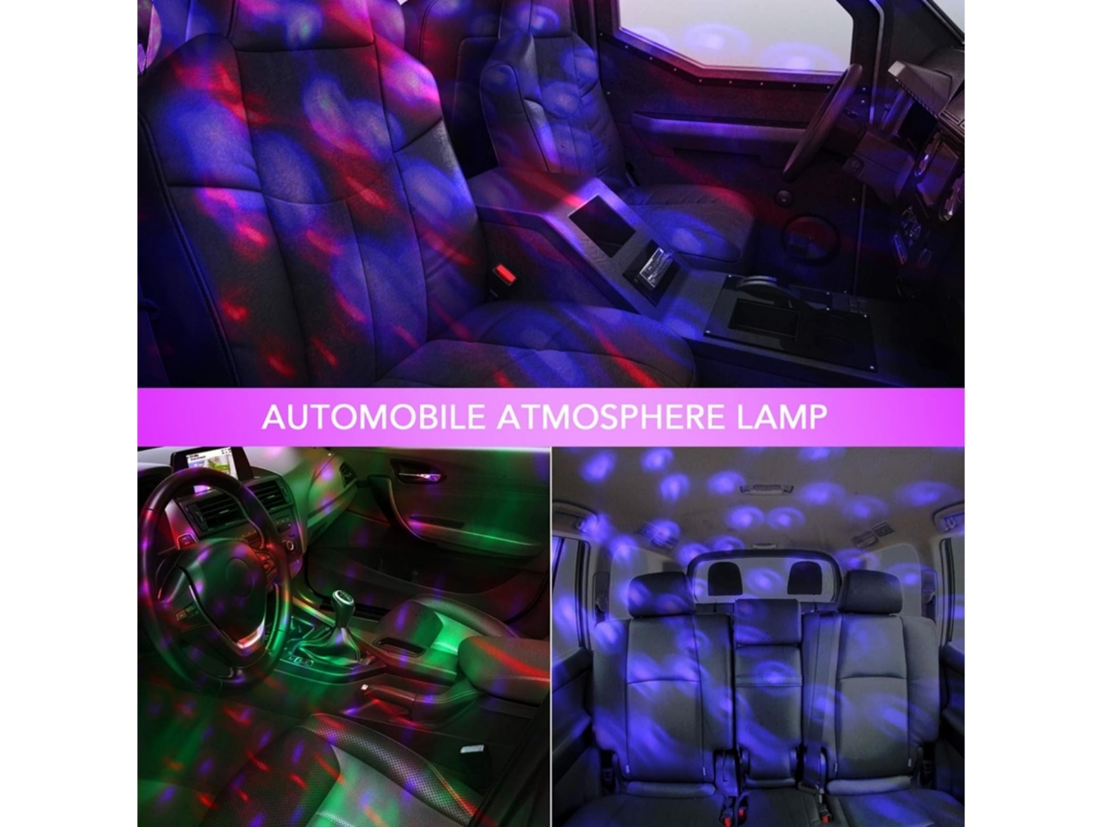 Auto-Innenraum mit atmosphärischen Lichtern in Rot, Blau und Grün.
