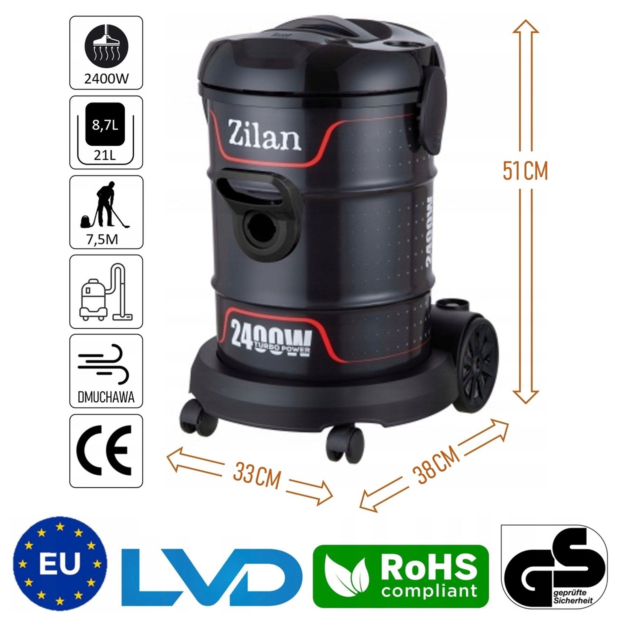 Czarny odkurzacz Zilan na kółkach, 2400W, wysokość 51cm, podstawa 33x38cm.