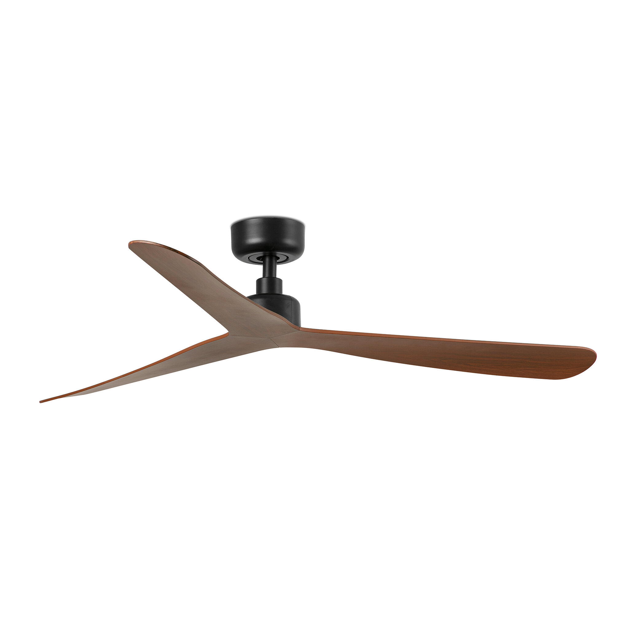 Un moderno ventilatore da soffitto con tre pale in legno marrone e corpo nero.