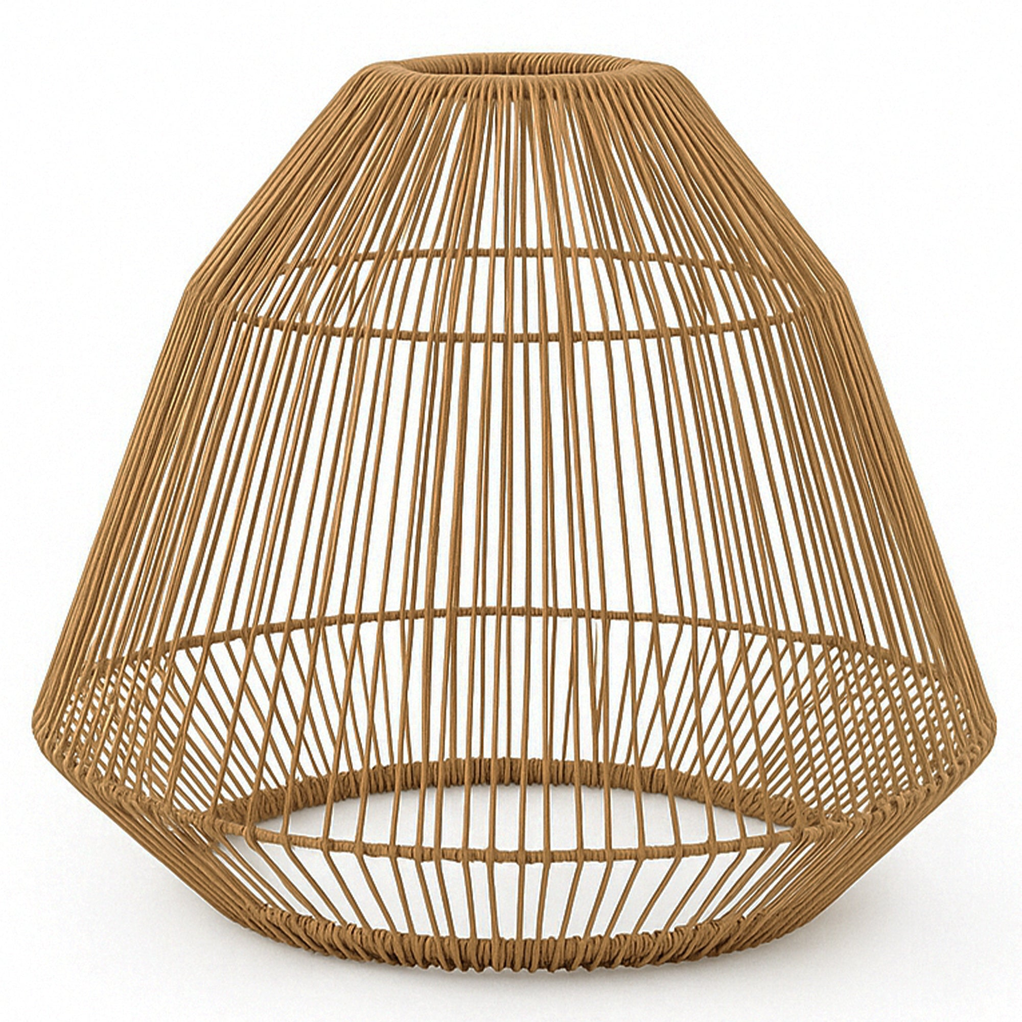 Ein brauner Lampenschirm aus Rattan auf weißem Hintergrund.