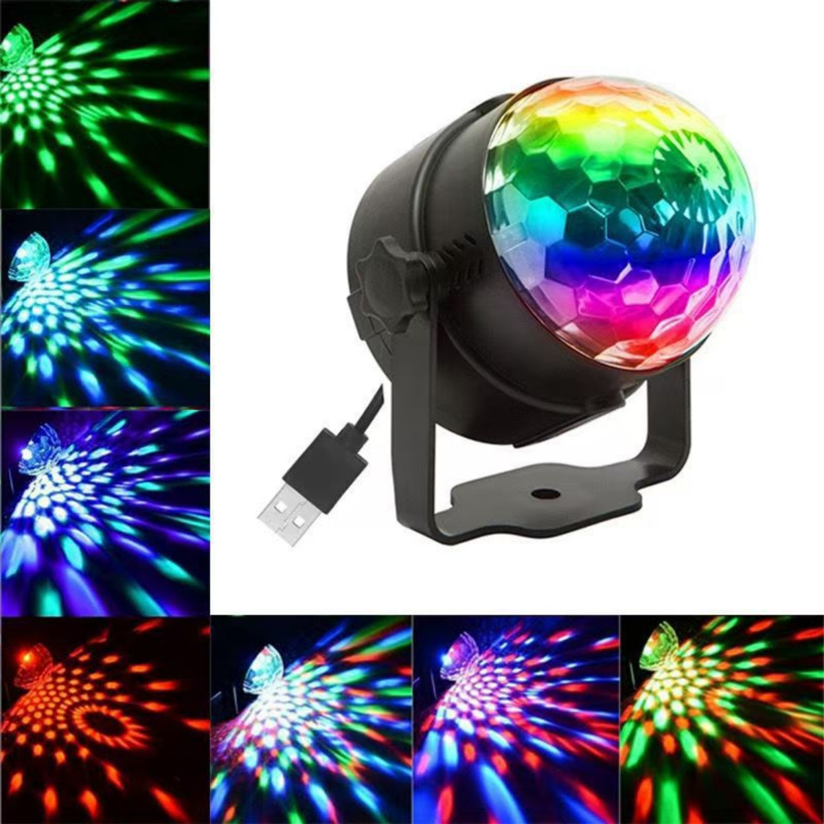 Schwarzlicht mit Regenbogeneffekt und USB-Anschluss, zeigt bunte Muster.