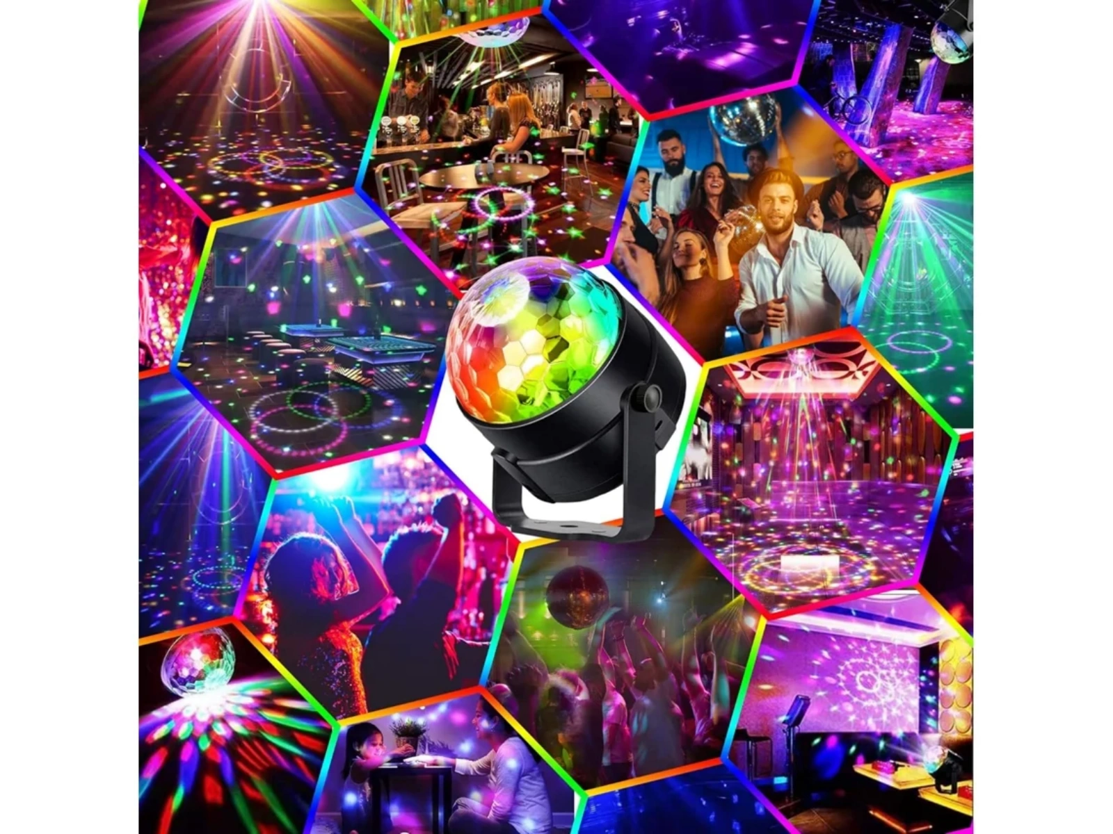 Bunt beleuchtete Party-Szenen mit Tanzenden und einer Discokugel.