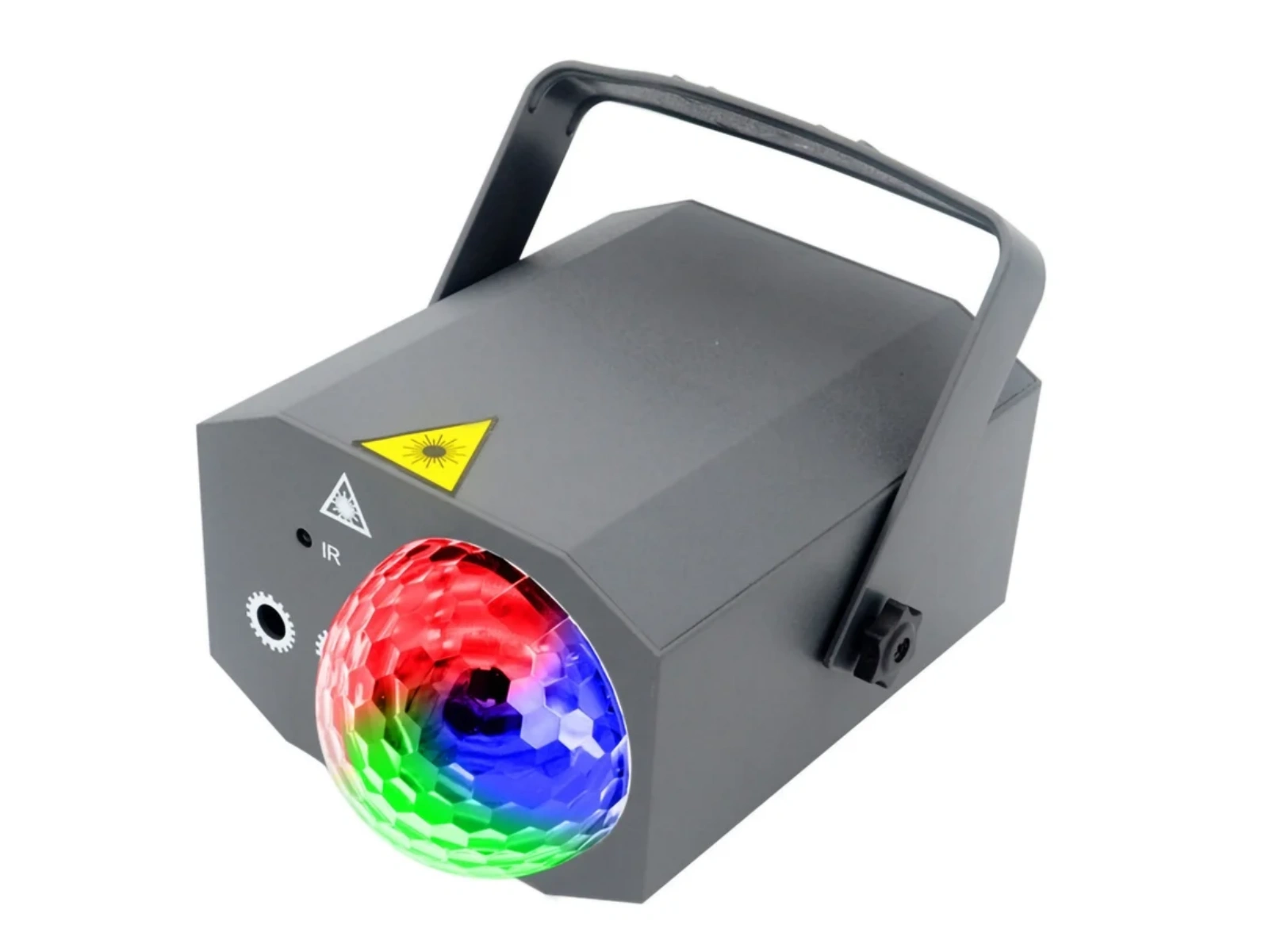 Grauer Lichteffektprojektor mit drehender, mehrfarbiger Kugel und Laserwarnsymbol.