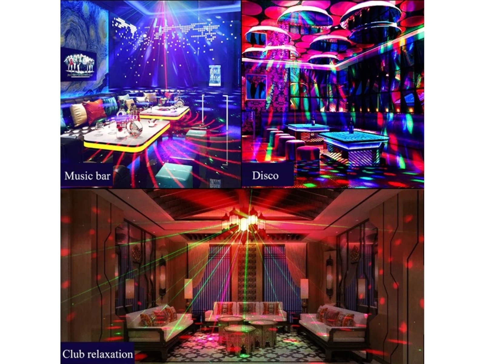 Drei Szenen: Musikbar, Disco und Club-Entspannung mit bunten Lichtern.