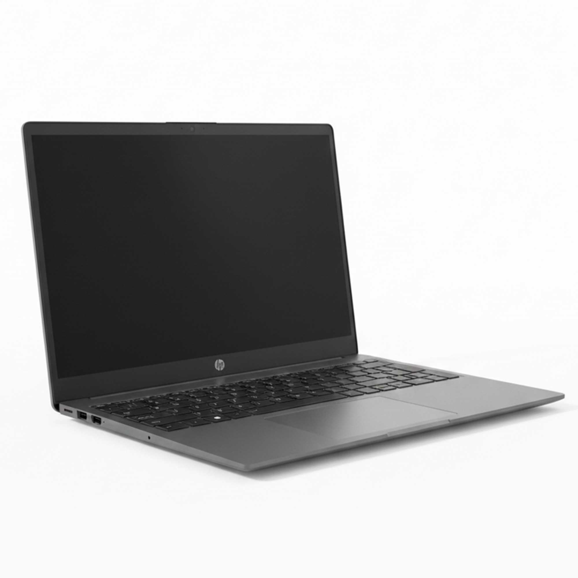 Arkadan aydınlatmalı klavyeli kapalı, koyu gri HP laptop, beyaz arka plan üzerinde.
