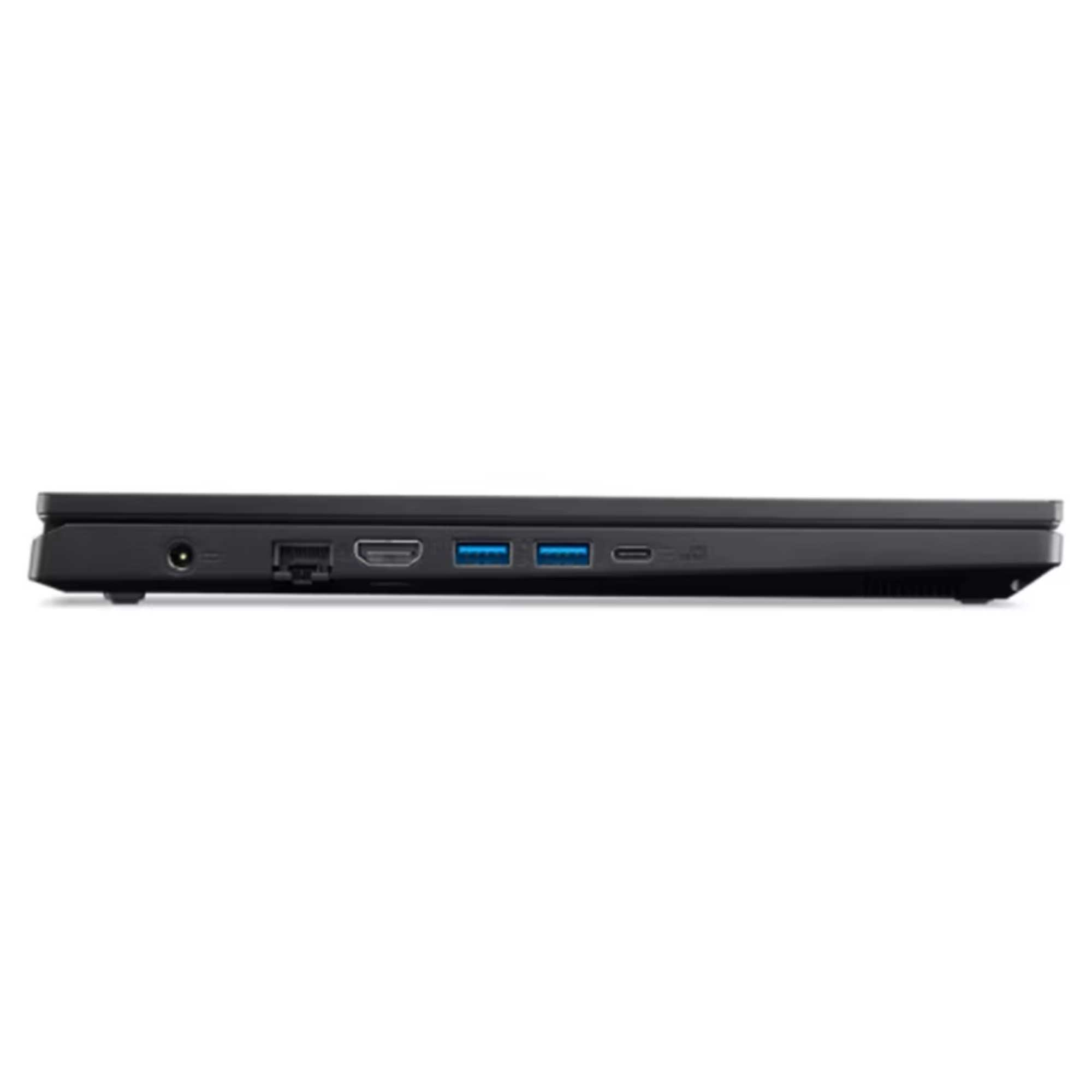 Güç, HDMI, USB-A, USB-C bağlantı noktalarını gösteren siyah dizüstü bilgisayarın yan görünümü.