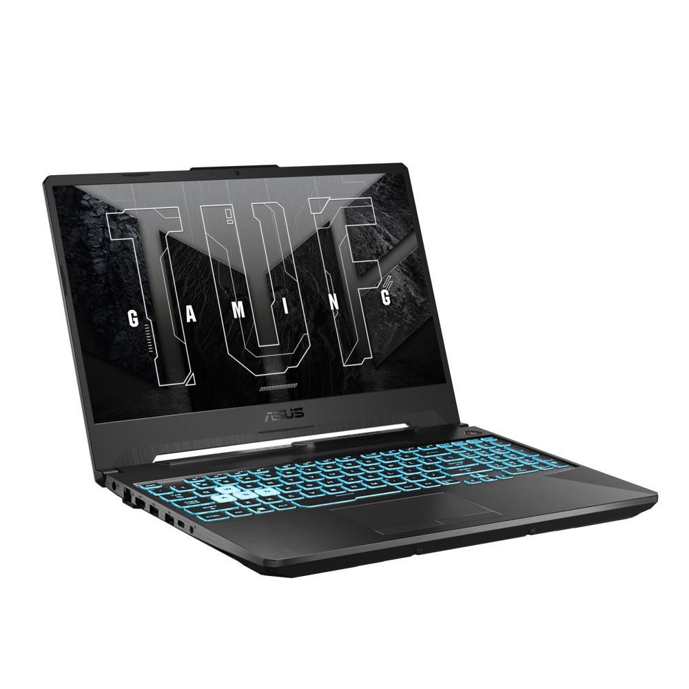 Ekranında TUF Gaming logosu ve aydınlatmalı mavi klavyesi olan siyah laptop.