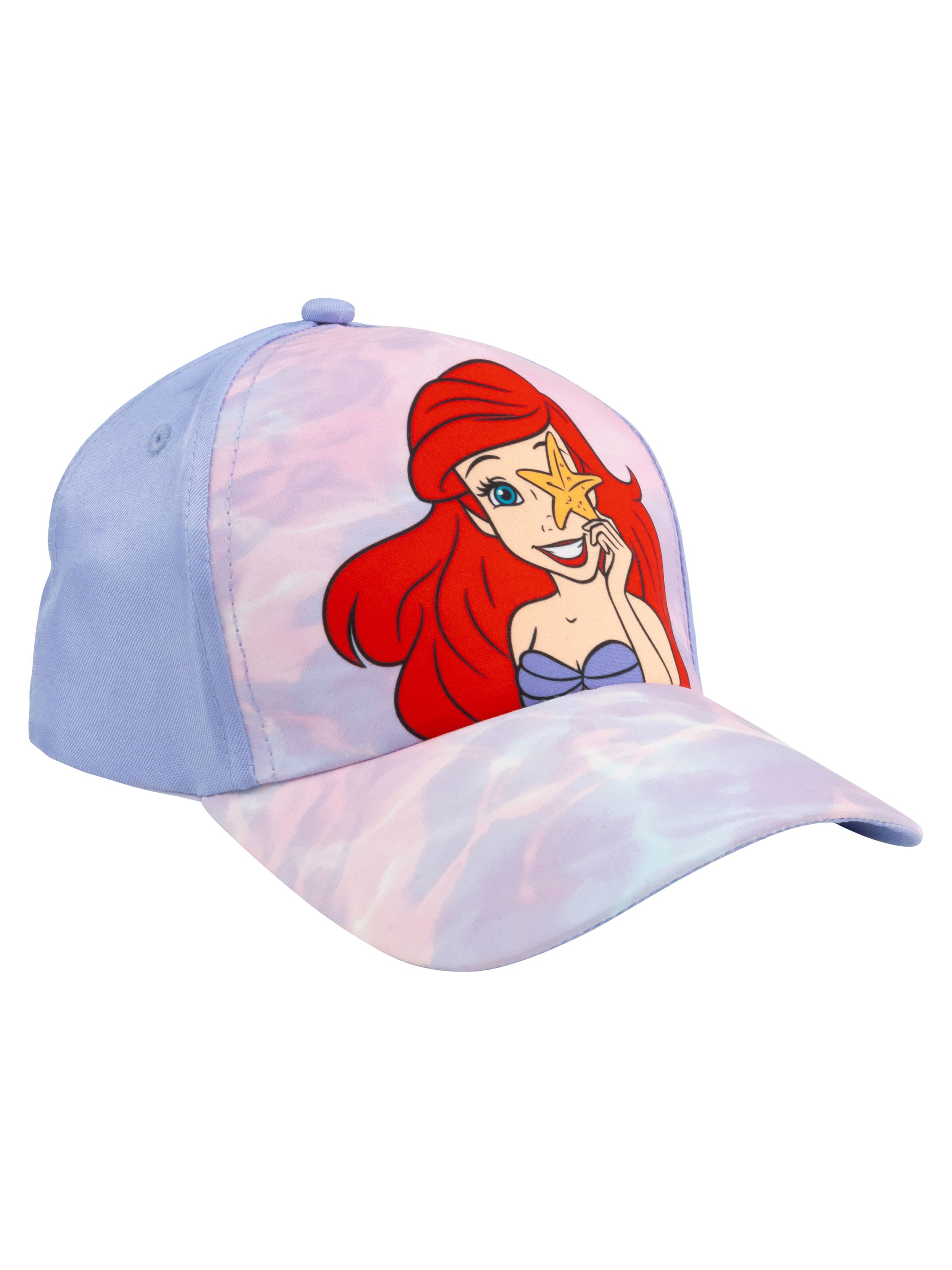 Eine Cap mit Ariel und einem Seestern. Lila und rosa Muster.