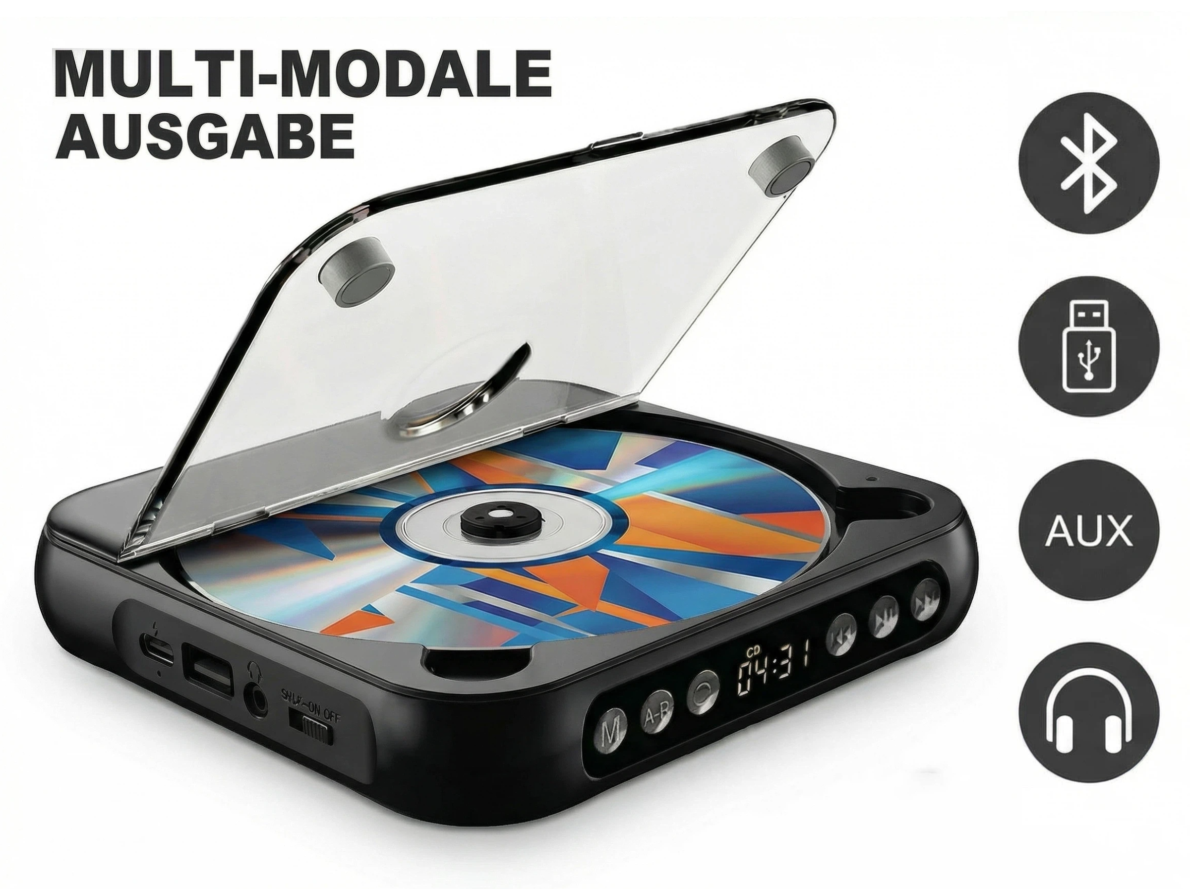 Schwarzer tragbarer CD-Player mit offenem Deckel, CD eingelegt. Icons für Bluetooth, USB, AUX, Kopfhörer.