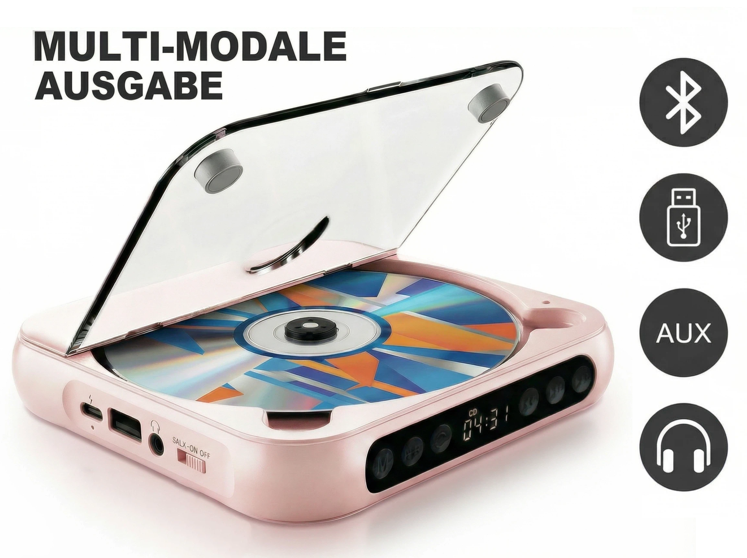 Ein rosafarbener CD-Player mit geöffnetem Deckel und eingelegter CD. Symbole für Bluetooth, USB, AUX und Kopfhörer.