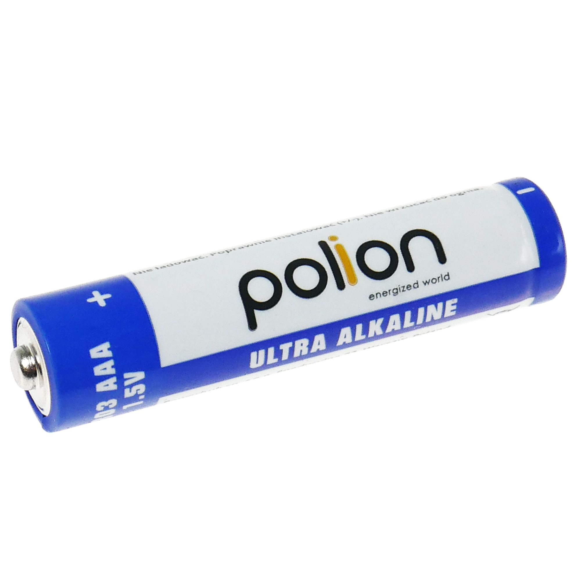 Niebiesko-biała bateria AAA Polion z napisem Ultra Alkaline.